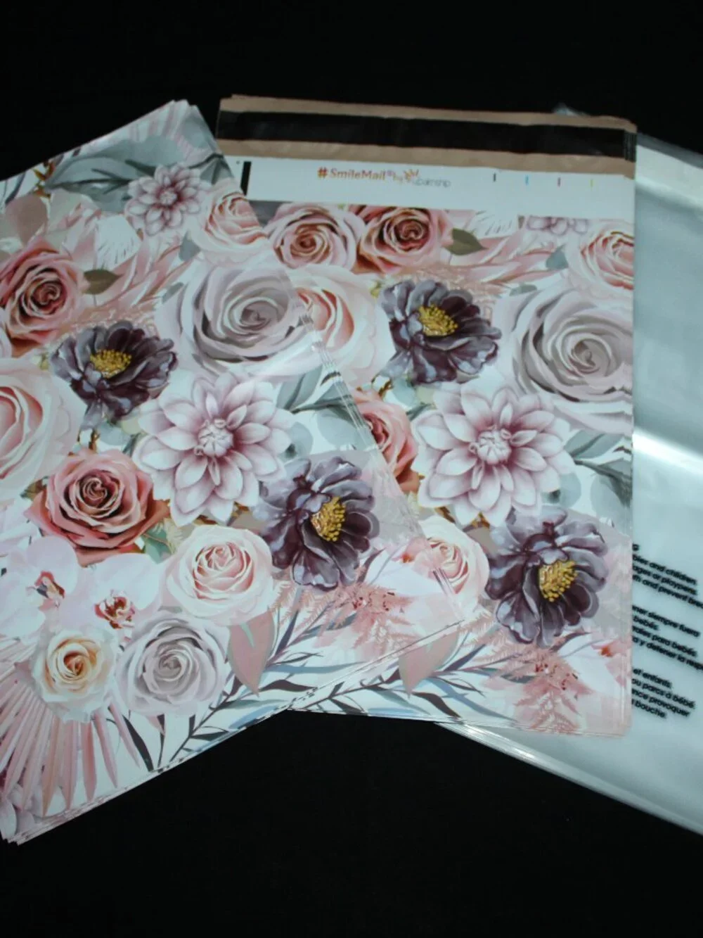 50 pcs - 25 10x13 Boho Floral Poly Mailers & 25 10x13 Clear Self Sealing Bags